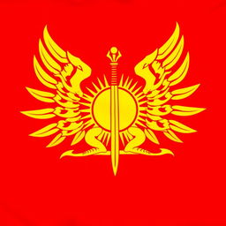 A flag with a bright red background featuring a large, imposing golden symbol of a sitting sun at the center