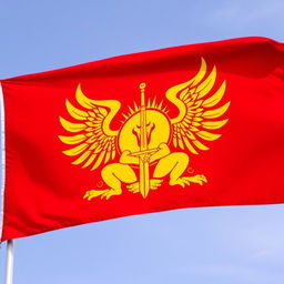 A flag with a bright red background featuring a large, imposing golden symbol of a sitting sun at the center