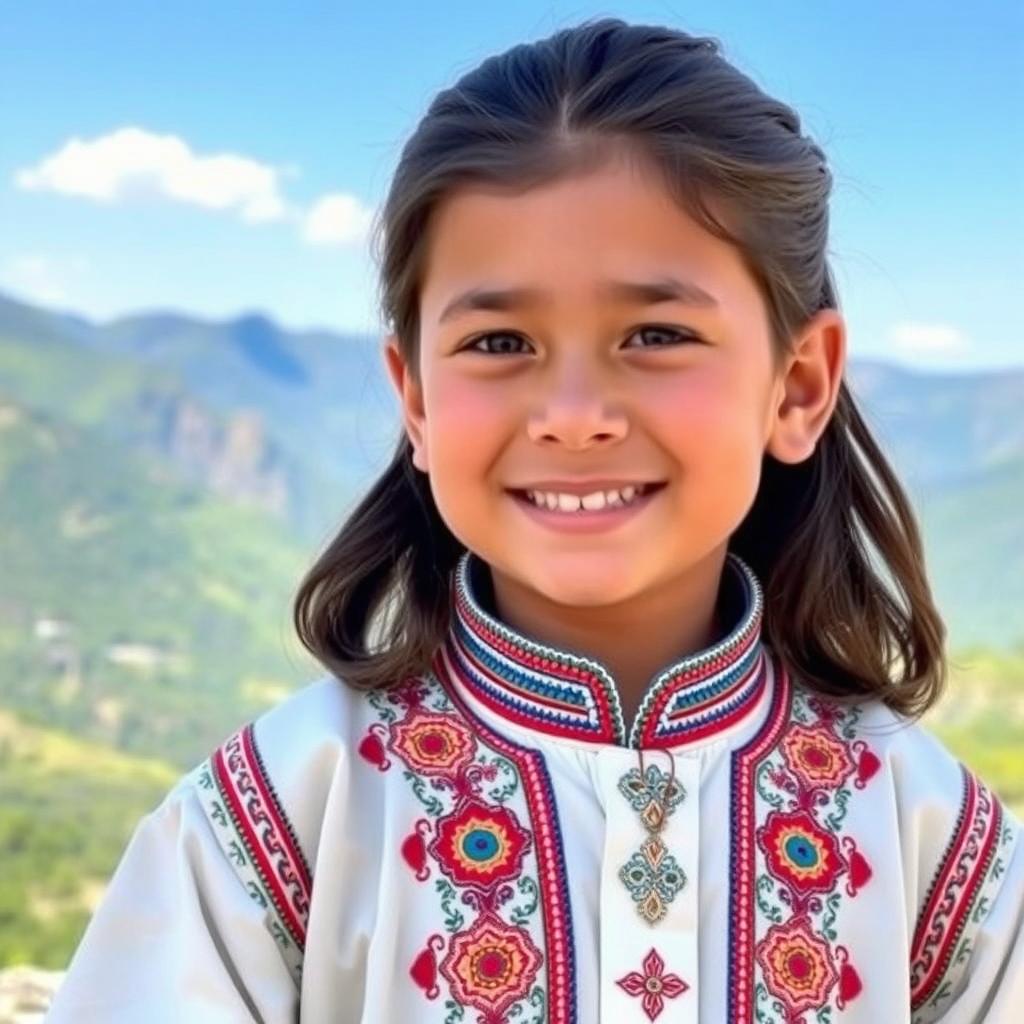 A portrait of a young Baloch boy dressed in traditional attire, featuring intricate embroidery and vibrant colors