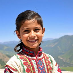 A portrait of a young Baloch boy dressed in traditional attire, featuring intricate embroidery and vibrant colors