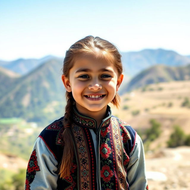 A portrait of a young Baloch boy dressed in traditional attire, featuring intricate embroidery and vibrant colors