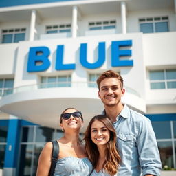 A modern hotel facade featuring the word "BLUE" prominently displayed