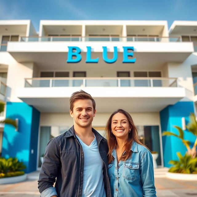 A modern hotel facade featuring the word "BLUE" prominently displayed