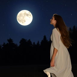 A beautiful young woman with long flowing hair is standing on a serene landscape at night, gracefully directing her gaze towards a large, bright full moon shining in a clear starry sky