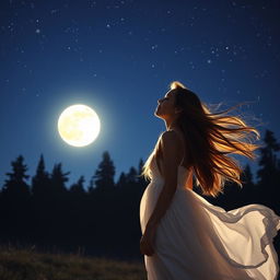 A beautiful young woman with long flowing hair is standing on a serene landscape at night, gracefully directing her gaze towards a large, bright full moon shining in a clear starry sky