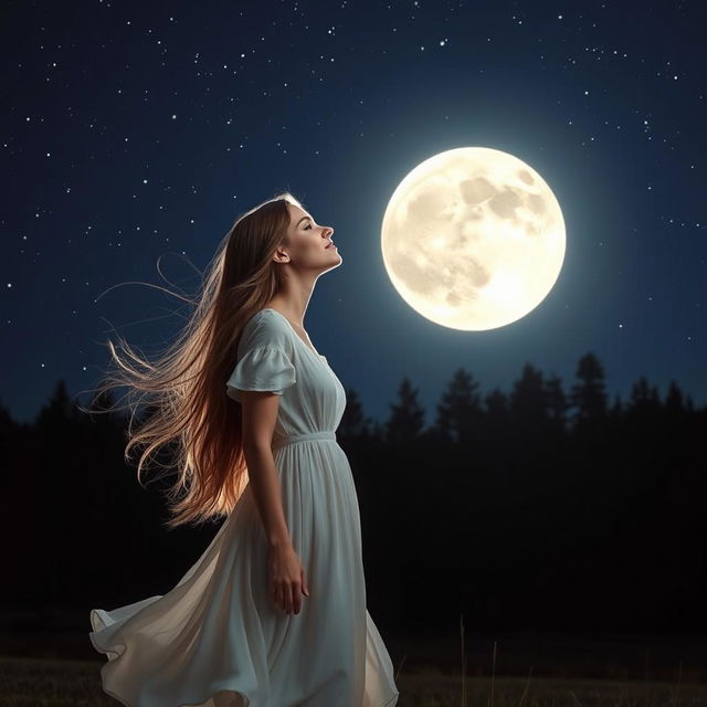 A beautiful young woman with long flowing hair is standing on a serene landscape at night, gracefully directing her gaze towards a large, bright full moon shining in a clear starry sky