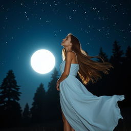 A beautiful young woman with long flowing hair is standing on a serene landscape at night, gracefully directing her gaze towards a large, bright full moon shining in a clear starry sky