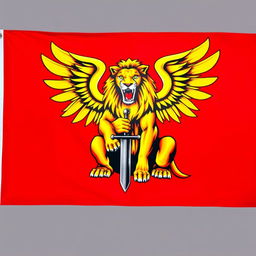 A flag with a bright red background featuring a majestic sitting lion in the center