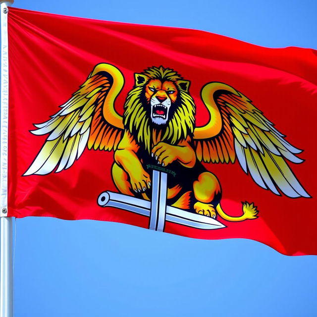 A flag with a bright red background featuring a majestic sitting lion in the center