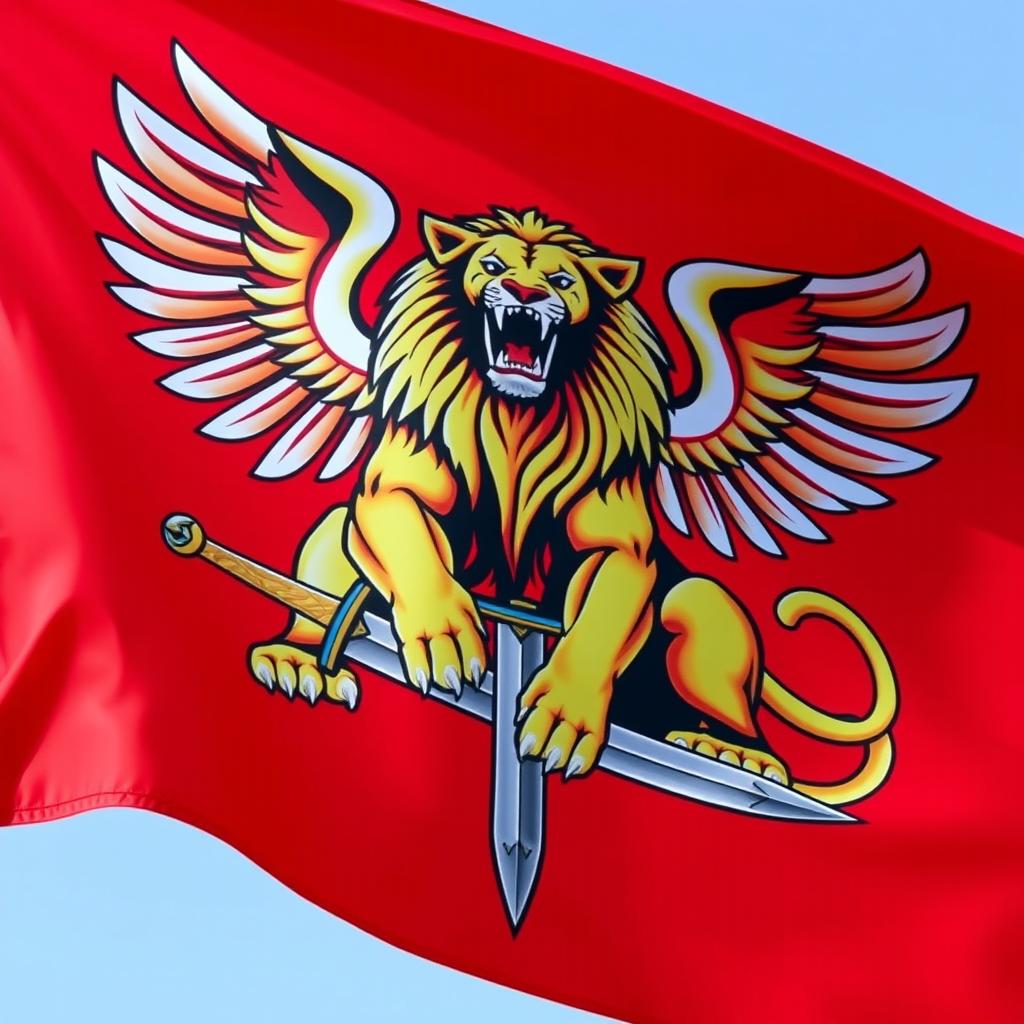 A flag with a bright red background featuring a majestic sitting lion in the center