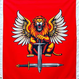 A flag with a bright red background featuring a majestic sitting lion in the center