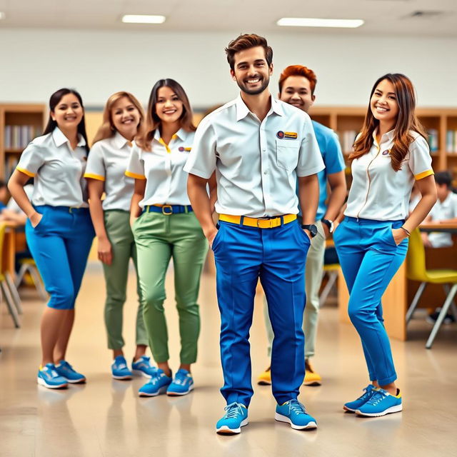 A stylish and casual uniform design for the management team of Elizabeth School, prominently featuring a combination of white, blue, and yellow colors