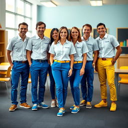 A stylish and casual uniform design for the management team of Elizabeth School, prominently featuring a combination of white, blue, and yellow colors