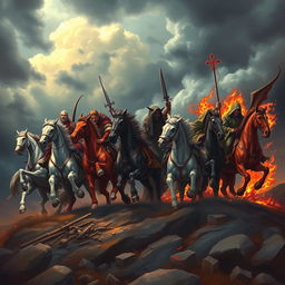 A captivating and dramatic illustration of the Seven Horsemen of the Apocalypse, each representing different aspects of the end times