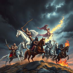 A captivating and dramatic illustration of the Seven Horsemen of the Apocalypse, each representing different aspects of the end times