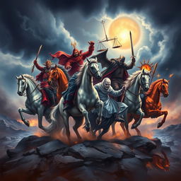 A captivating and dramatic illustration of the Seven Horsemen of the Apocalypse, each representing different aspects of the end times