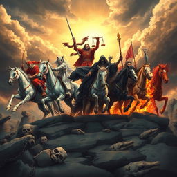 A captivating and dramatic illustration of the Seven Horsemen of the Apocalypse, each representing different aspects of the end times