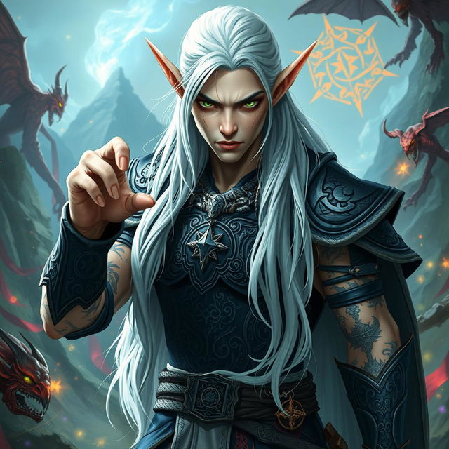 A male elf character depicting the battle warlock class, striking a serious battle stance