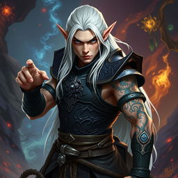 A male elf character depicting the battle warlock class, striking a serious battle stance