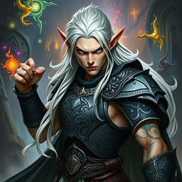 A male elf character depicting the battle warlock class, striking a serious battle stance