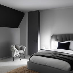 Modern interior of a bedroom with a monochrome theme