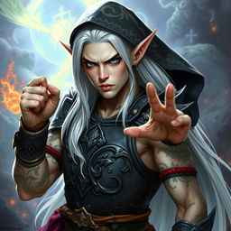 A male elf character depicting the battle warlock class, striking a serious battle stance