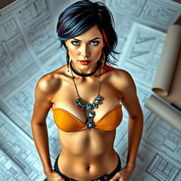 A sexy female architect standing confidently amidst architectural plans scattered around her