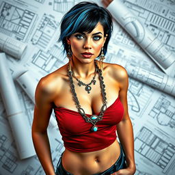 A sexy female architect standing confidently amidst architectural plans scattered around her