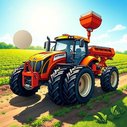 A detailed illustration of a modern farming machine, showcasing a tractor equipped with various attachments like a plow, harvester, and seed drill