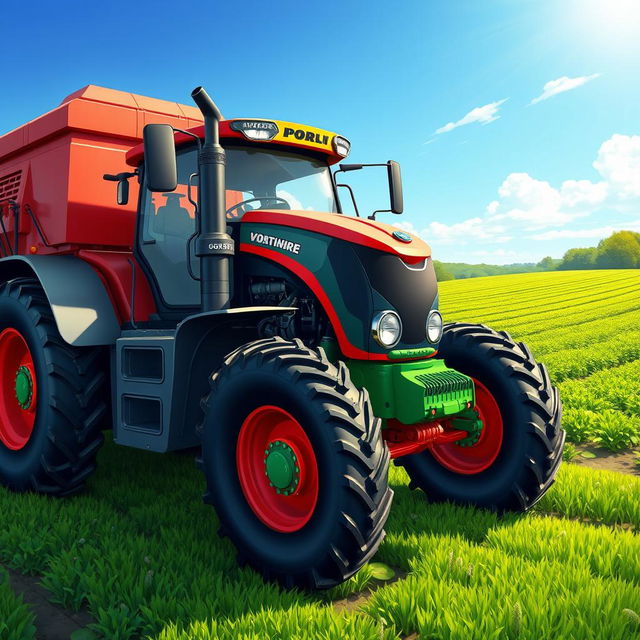 A detailed illustration of a modern farming machine, showcasing a tractor equipped with various attachments like a plow, harvester, and seed drill