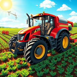 A detailed illustration of a modern farming machine, showcasing a tractor equipped with various attachments like a plow, harvester, and seed drill