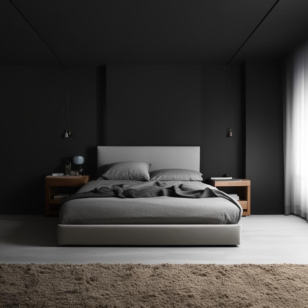 Modern interior of a bedroom with a monochrome theme