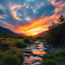 An artistic depiction of a serene landscape, originally with various shades of brown, now transformed into vibrant hues