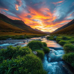 An artistic depiction of a serene landscape, originally with various shades of brown, now transformed into vibrant hues