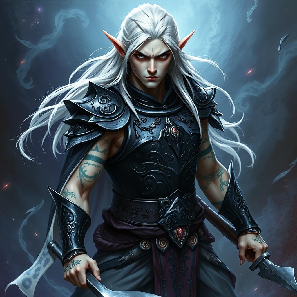 A male elf character embodying the battle warlock class, positioned in a serious battle stance