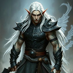 A male elf character embodying the battle warlock class, positioned in a serious battle stance
