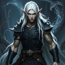 A male elf character embodying the battle warlock class, positioned in a serious battle stance