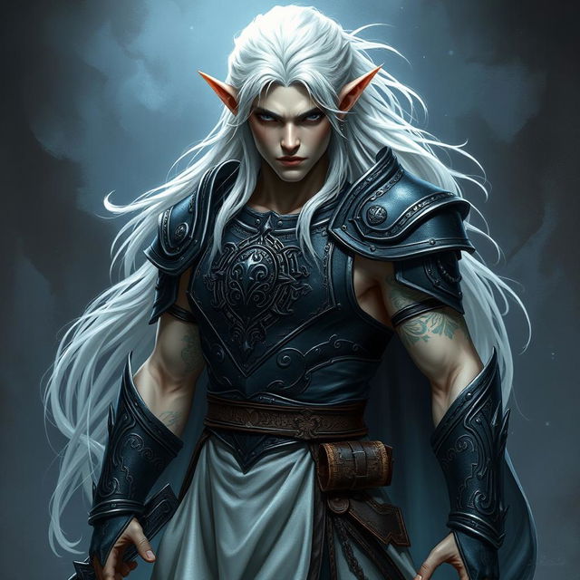 A male elf character embodying the battle warlock class, positioned in a serious battle stance