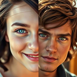 A seamless blend of two distinct faces, where the left half features a person with sparkling blue eyes and a charming smile, along with dark hair styled in soft waves