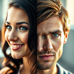 A seamless blend of two distinct faces, where the left half features a person with sparkling blue eyes and a charming smile, along with dark hair styled in soft waves
