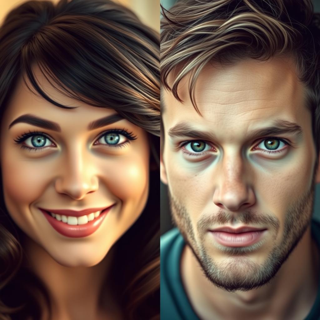 A seamless blend of two distinct faces, where the left half features a person with sparkling blue eyes and a charming smile, along with dark hair styled in soft waves