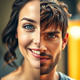 A seamless blend of two distinct faces, where the left half features a person with sparkling blue eyes and a charming smile, along with dark hair styled in soft waves