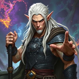A male elf character embodying the battle warlock class, striking a serious battle stance
