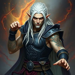 A male elf character embodying the battle warlock class, striking a serious battle stance
