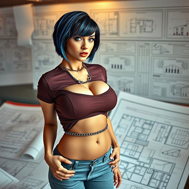 A sexy, curvy female architect in a hot tight shirt, standing confidently in an engineering drawing room surrounded by architectural plans and blueprints