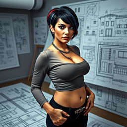 A sexy, curvy female architect in a hot tight shirt, standing confidently in an engineering drawing room surrounded by architectural plans and blueprints