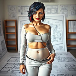 A sexy, curvy female architect in a hot tight shirt, standing confidently in an engineering drawing room surrounded by architectural plans and blueprints