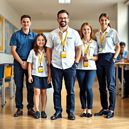 A basic uniform design for the management team of Elizabeth School, showcasing simplicity and functionality with the colors white, blue, and yellow