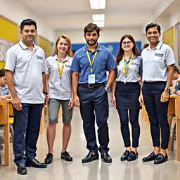 A basic uniform design for the management team of Elizabeth School, showcasing simplicity and functionality with the colors white, blue, and yellow