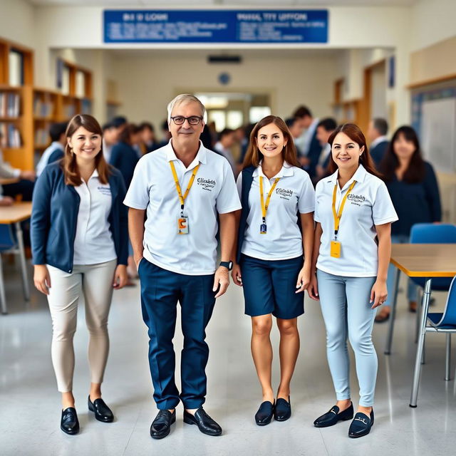 A basic uniform design for the management team of Elizabeth School, showcasing simplicity and functionality with the colors white, blue, and yellow